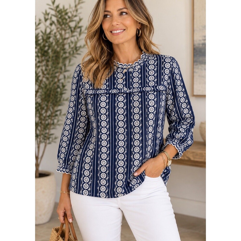 Boden Boho Peasant Embroidered Top Sz 8 Blue White Boxy High Neck LS Bib Front